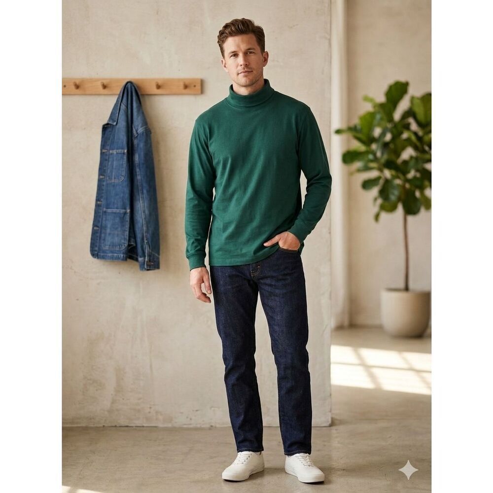 L.L. Bean Interlock Turtleneck Shirt Large Green Long Sleeve Traditional Fit Men